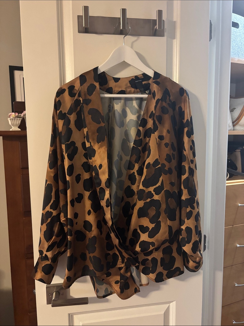 Smythe Satin Animal-Print Wrap Blouse in Brown and Black